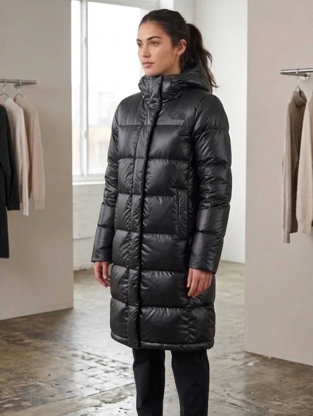 THE NORTH FACE Long Black Shiny Metallic Puffer Coat  Women Medium 600